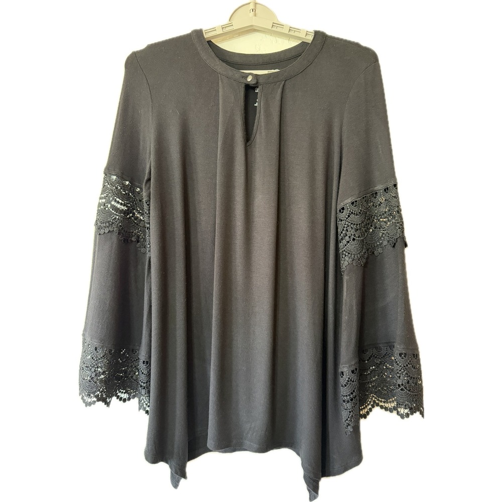 Black Boho Bell Sleeve Tunic Top Lace Trim Flowy Romantic Western Witchy M